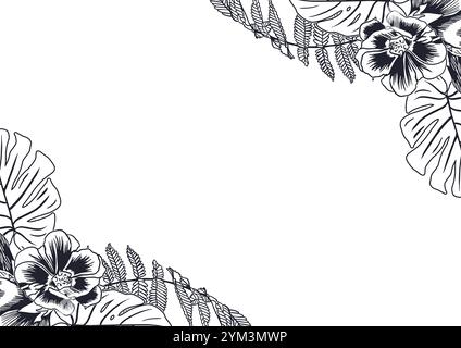 Floral tropical frame, ink corner. Monstera palm leaves, fern, flowers. Hand drawn vector illustration in graphic style. For greeting cards, invitatio Stock Vector