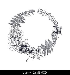 Flower wreath with hydrangea, fern, butterfly in ink. Hand drawn vector illustration in graphic style. For birthday greeting cards, Valentines day, in Stock Vector