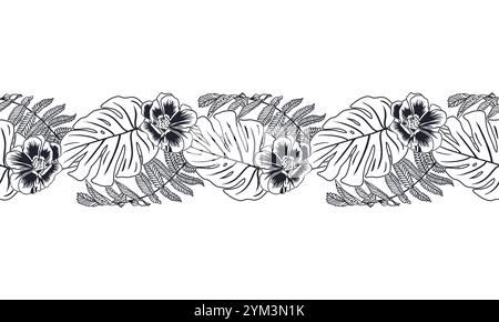 Tropical seamless border. Monstera palm leaves, fern, flowers. Hand drawn vector illustration in graphic style. Cards, labels, invitations, fabric, co Stock Vector