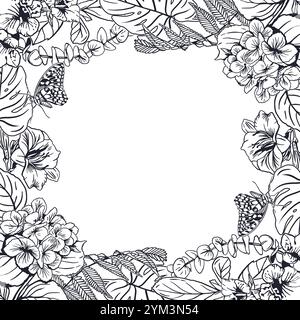Floral frame square, ink. Tropical leaves of palm tree monstera, fern, hydrangea, butterflies. Hand drawn vector illustration in graphic style. For gr Stock Vector