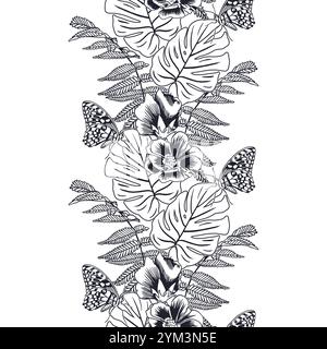 Tropical seamless border, vertical. Monstera palm leaves, fern, flowers, butterflies. Hand drawn vector illustration. Graphic. Wallpaper, labels, tabl Stock Vector