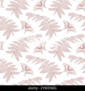 Fern leaves and butterflies seamless pattern. Hand drawn vector illustration in graphic style. For cards, invitations, packaging, textile, fabric, cov Stock Vector