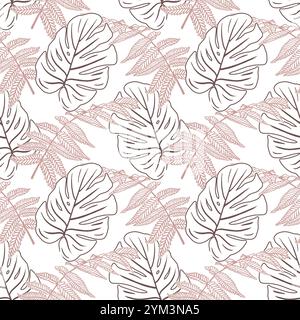 Tropical seamless pattern. Monstera and fern leaves. Hand drawn vector illustration in graphic style. For greeting cards, invitations, packaging, text Stock Vector