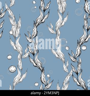 Sea blue algae with leaves wriggling in a wave with bubbles. Graphic illustration hand drawn in black ink. Seamless pattern EPS vector on a blue Stock Vector