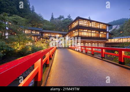 Shima Onsen, Gunma, Japan traditional architecture at dusk. Stock Photo