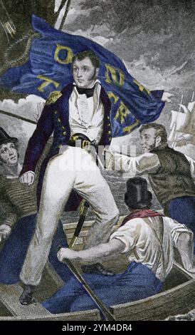 The late 1900s caption reads: 'Commodore Perry at Battle of Lake Erie.' In the first unqualified defeat of a British naval squadron in history, U.S. Captain Oliver Hazard Perry leads a fleet of nine American ships to victory over a squadron of six British warships at the Battle of Lake Erie during the War of 1812.The Battle of Lake Erie, sometimes called the Battle of Put-in-Bay, was fought on September 10, 1813, on Lake Erie off the coast of Ohio during the War of 1812. Nine vessels of the United States Navy defeated and captured six vessels of the British Royal Navy. Stock Photo