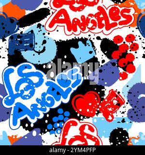 Abstract seamless pattern with graffiti words los angeles. Grunge texture background. Fashion urban style. Stock Vector