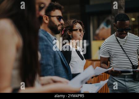 A group of diverse young professionals having a lively discussion outdoors, holding documents. Stock Photo