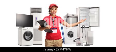 Saleswoman presenting home appliances isolated on white background Stock Photo