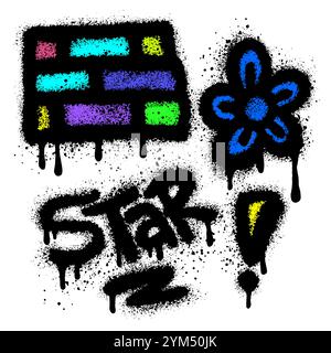 wall graffiti, flowers, exclamation marks and the word star in black spray paint. vector illustration. Stock Vector