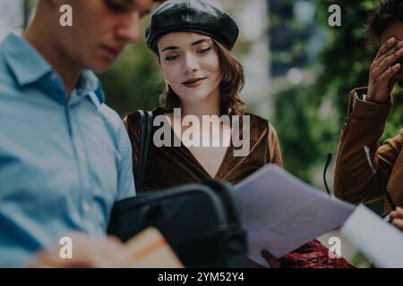 Young professionals collaborating and discussing project outdoors Stock Photo