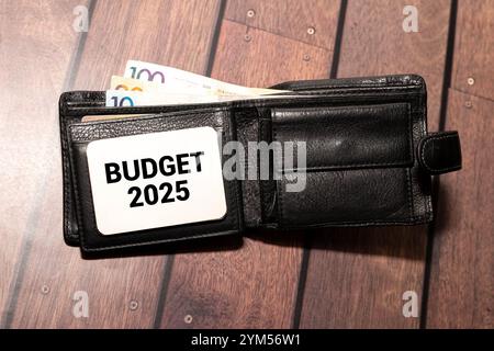 handwritten text Budget 2025 on white chalkboard on burlap background Stock Photo