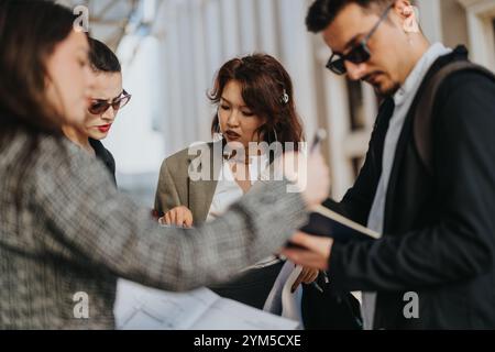 Multicultural business team collaborating on project outdoors Stock Photo