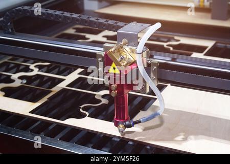 Laser CNC cutting wood. Modern machine industrial technology Stock Photo