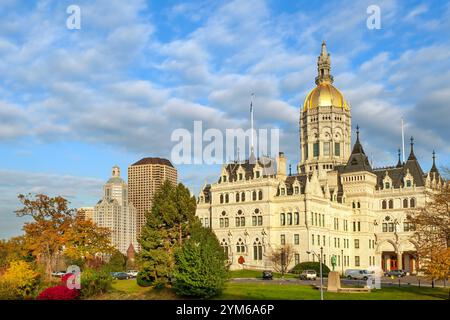 State capitol building houses State Senate and the House of Representatives, in Victorian Gothic style, downtown Hartford, Connecticut Stock Photo