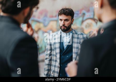 Business people engaging in an outdoor meeting with urban backdrop Stock Photo