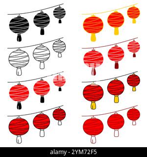 Clipart set. Red lantern icons. Simple color, contour variations, triple round spherical lamps. Stock Vector