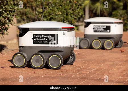 Los Angeles, California, USA - November 16, 2024: A Starship Technologies autonomous delivery vehicle robot waits for the next delivery. Stock Photo