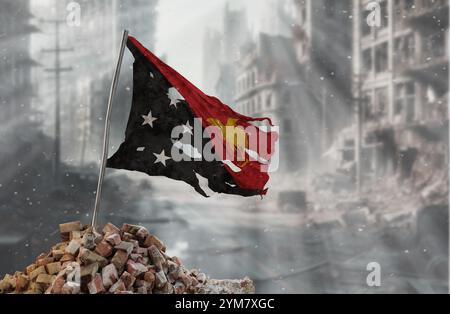 Dirty and torn Papua New Guinea flag, symbol of resistance and victory. A scene of war and devastation, the ruins of a city destroyed by conflicts. 3D Stock Photo