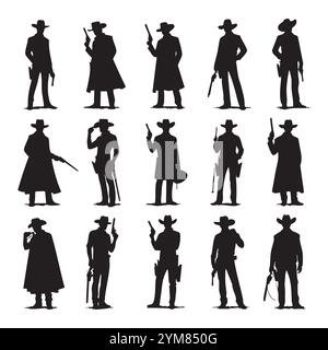 Set of cowboy silhouette on white background Stock Vector