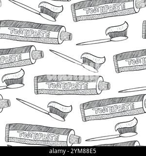 Playful sketchy seamless pattern featuring toothpaste tubes and toothbrushes, perfect for dental-themed projects. Hand drawn vector black-and-white graphics in line art for printing on paper and fabric. Stock Vector