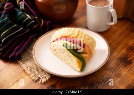 Rosca de Reyes, also called Kings cake, roscon, Epiphany Cake and hot chocolate drink. Mexican tradition on January 5th. Stock Photo