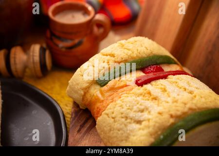 Rosca de Reyes, also called Kings cake, roscon, Epiphany Cake and hot chocolate drink. Mexican tradition on January 5th. Stock Photo