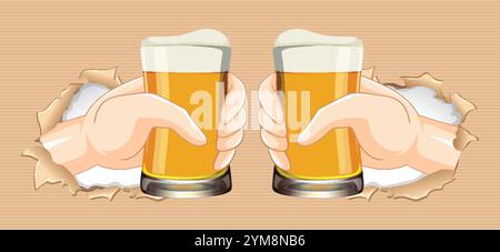 Two hands holding beer glasses through holes Stock Vector