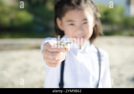 Primary school girl holding out a twin leaf Stock Photo