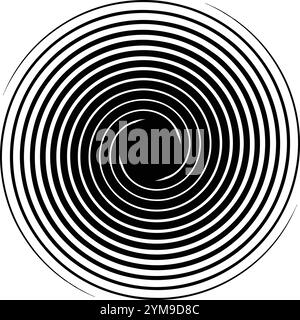 a black-and-white spiral with concentric circular lines creating a vortex-like optical illusion. It’s a clean, symmetrical design with a swirling effe Stock Vector