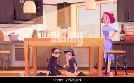 Kid detective hide under kitchen table from mother. Boy agent spy at home for secret with girl in sunglasses. Modern home interior for game environment. Children play in investigation in apartment Stock Vector