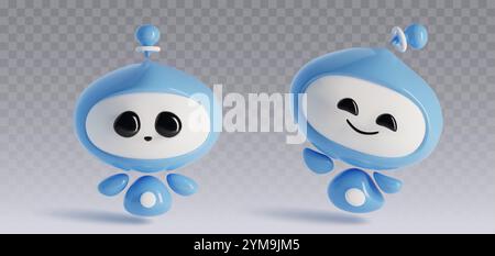 3D chatbot mascots set isolated on transparent background. Vector realistic illustration of cute robot character with blue body and happy smiling face, ai assistant, computer bot, future technology Stock Vector