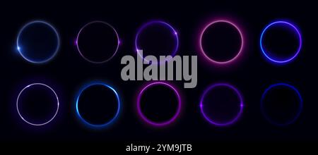 Solar eclipse circles showing moon covering sun on dark background. Glowing purple neon rings with bright luminous effects capture celestial phenomenon. Radiant circular shapes of astronomical event. Stock Vector