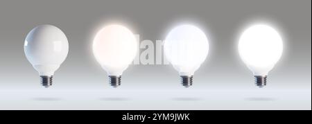 3d led bulb lamp. Smart cfl with light temperature glowing mockup. Realistic incandescent spot with warm and cold advertising promo compare. Different type of lightbulb spectrum Stock Vector