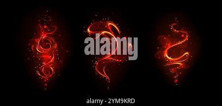 Fiery red magical traces swirling on dark background. Glowing orange wand trails create mystical spiral patterns effect surrounded by luminous sparks. Enchanted fantasy smoke design elements. Stock Vector