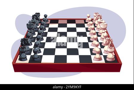 Chess board with arranged black and white pieces on checkered surface ready for match start. Wood framed playing field with glossy figurines positioned in traditional setup. Strategy game tournament. Stock Vector