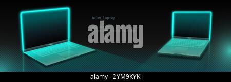 Modern laptops outlined with turquoise neon glow on dark background. Minimalist mockup with illuminated screens and keyboards at different angles. Realistic 3d visualization for tech designs. Stock Vector