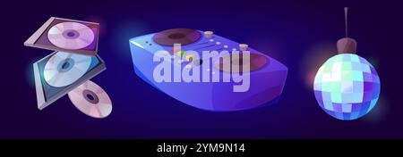 Retro music equipment set on purple background with compact discs, DJ controller mixer with knobs and buttons, glowing mirror disco ball. Cartoon vector nightclub and party promotional elements. Stock Vector