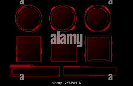 Futuristic red digital frames collection with circular borders, rectangular shapes and elongated banners for game interface design in cyberpunk style. Modern geometric sci fi aesthetic text boxes. Stock Vector