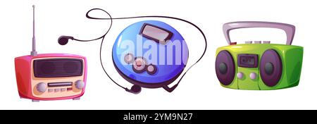 Retro music devices - red compact radio receiver with antenna, blue portable CD player with earphones, bright lime cassette boombox with stereo speakers. Nostalgic gadgets from 90s entertainment era. Stock Vector