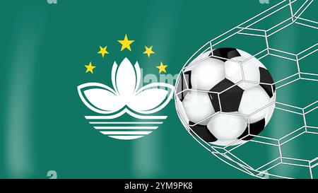 Soccer Football ball in Goal Net Isolated on  Macau Flag, Sports Accessory Equipment Stock Vector