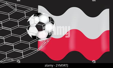 Soccer Football Ball in Goal net grid and Wavy Poland Flag isolated on Black Background Stock Vector