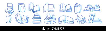 Book icon collection. Line graphic set isolated on white background. Editable stroke. Library, lesson at school, lecture for reading and study Stock Vector
