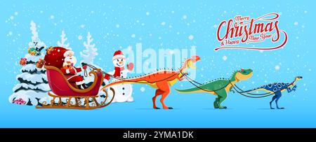 Cartoon Santa sleigh with dinosaurs whimsical festive Holiday scene. Santa Claus riding in a sleigh pulled by playful dino animals at snowy winter background with a snowman and pine tree Stock Vector