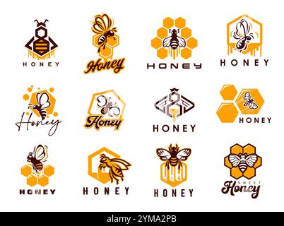 Honey bee, beekeeping icons. Apiary symbols of vector bee insects, honeycombs and hexagon wax with gold drops of sweet flower nectar. Natural honey labels set, healthy food product packaging tags Stock Vector