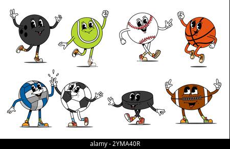Football ball groovy characters set isolated on white background ...