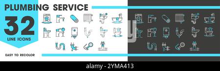 Plumbing service line icons of water pipe drain or sewerage repair vector pictograms. Plumber service icons for kitchen sink and bathroom pipe leak, blockage fix and sewage pipes sanitary maintenance Stock Vector