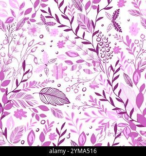 Seamless background with pink twigs and flowers. For fabric prints, textiles, clothing. hand drawing. Not AI, Vector illustration Stock Vector
