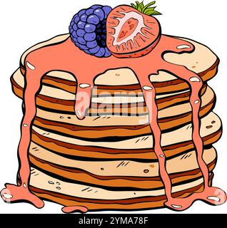 A Delicious Stack of Fluffy Pancakes Topped with Colorful Berries and Sweet Syrup. Vector  Stock Vector