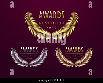 Set of awarded leaves. Gold, silver and bronze collection. Horizontal wide shape and metallic shiny typography, creative concept. Template for arts Stock Vector